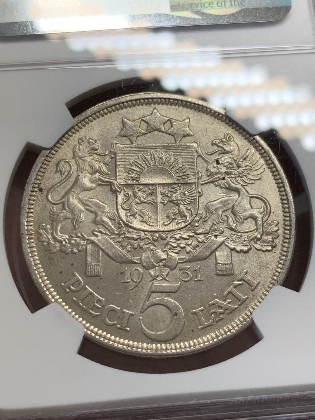 《竞宝斋》第141场-周日，周一 2场 (全场包邮) NGC-MS62  拉脱维亚 1931年5拉特美女大银币 全新转光 外拍热门品种 价格洼地