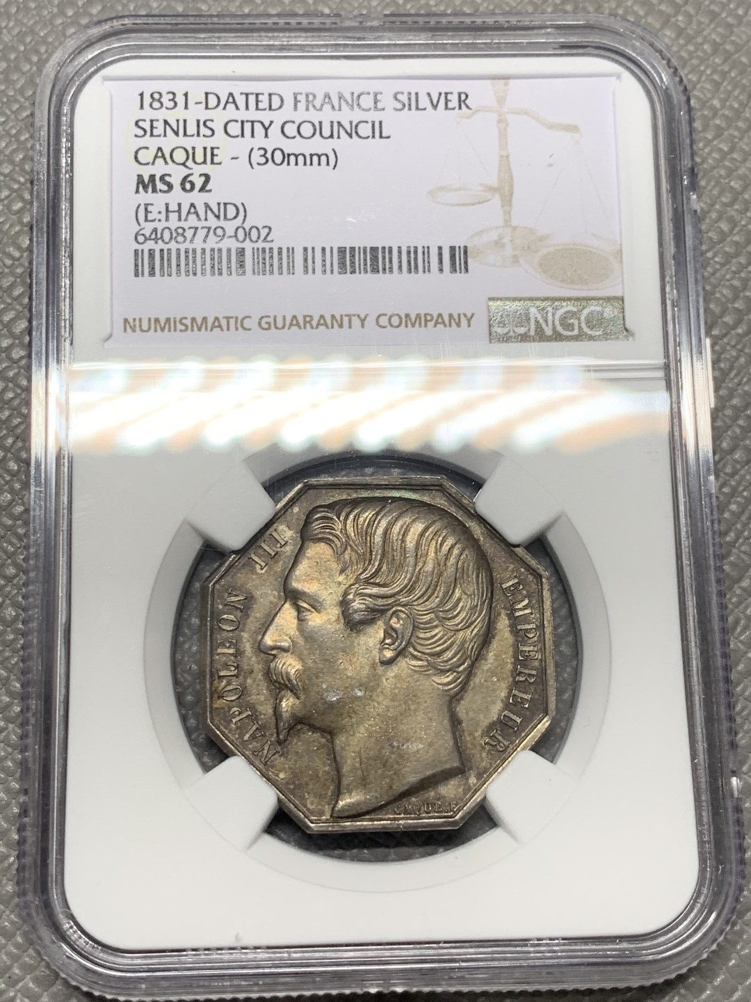 《竞宝斋》第141场-周日，周一 2场 (全场包邮) NGC-MS62 法国拿三 桑利斯八角代币JETON 银质