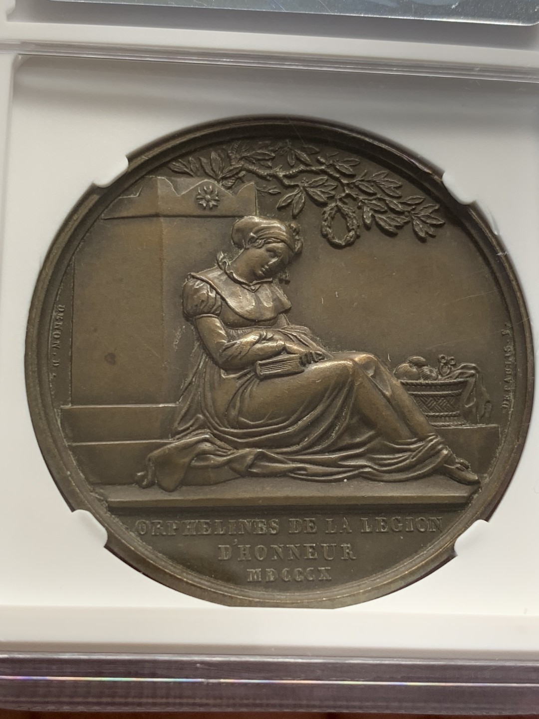 《竞宝斋》第141场-周日，周一 2场 (全场包邮) NGC-MS63BN 唯一亚军分 1810 法国拿破仑一世原铸铜章，设立荣誉军团孤儿教育之家。席地而坐的少女手捧书本，刻画细腻。加厚盒，巧克力包浆