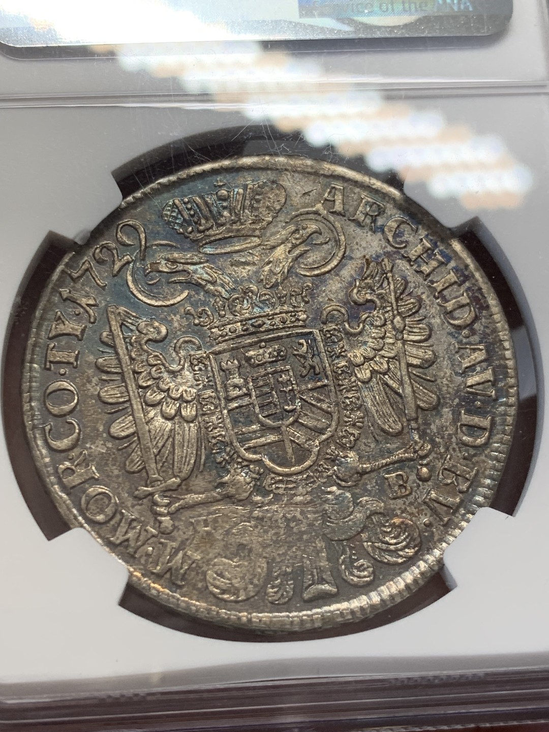 《竞宝斋》第141场-周日，周一 2场 (全场包邮) 冠军分 NGC-MS61 匈牙利 1729年 1泰勒银币 蓝彩包浆