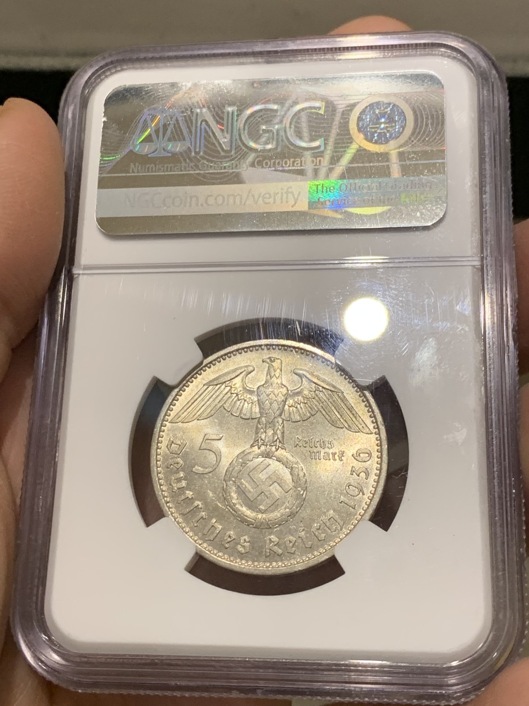 《竞宝斋》第141场-周日，周一 2场 (全场包邮) NGC MS64 德国 1936 兴登堡 5马克 银币 高等级分数 状态一流