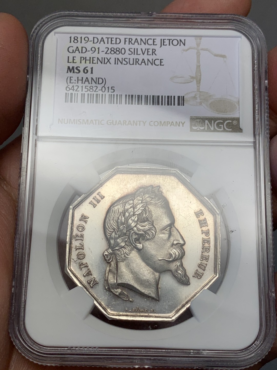 《竞宝斋》第141场-周日，周一 2场 (全场包邮) NGC MS61 1819年法国八角银章，凤凰火灾保险公司，凤凰涅槃，栩栩如生，大块头，细节底板都很好
