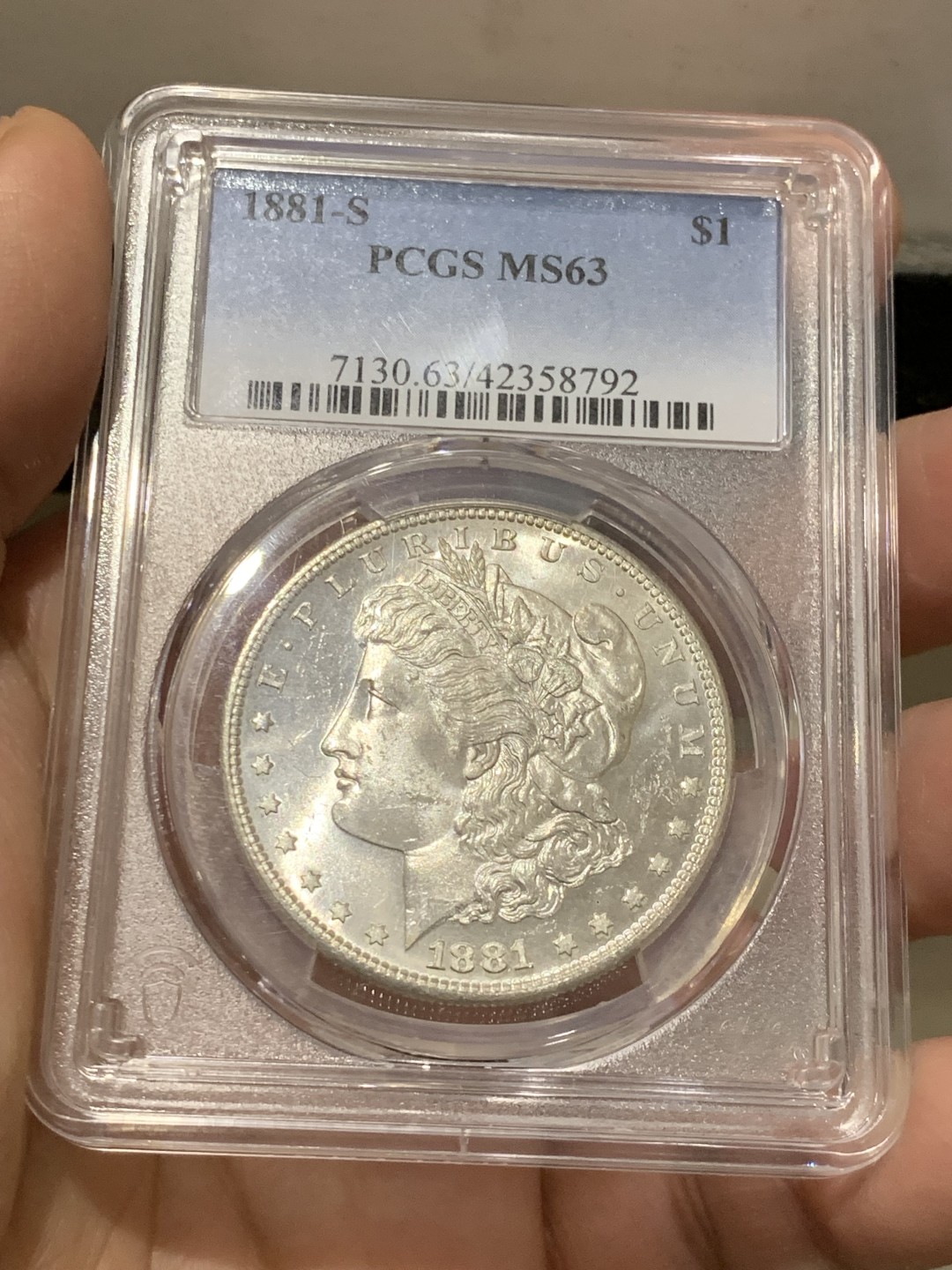 《竞宝斋》第141场-周日，周一 2场 (全场包邮) PCGS-MS63 美国 1881年S版 摩根 银币 镜面效果漂亮