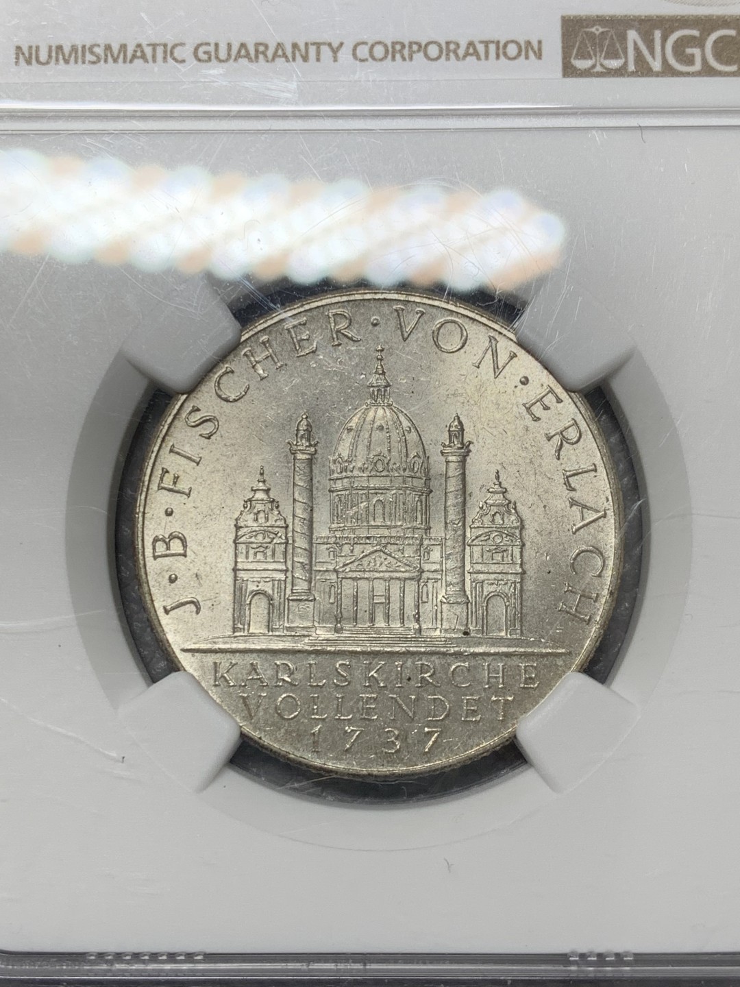 《竞宝斋》第141场-周日，周一 2场 (全场包邮) NGC-MS63 奥地利 1937年 2先令 圣查尔斯教堂 银币 原光 难得高分