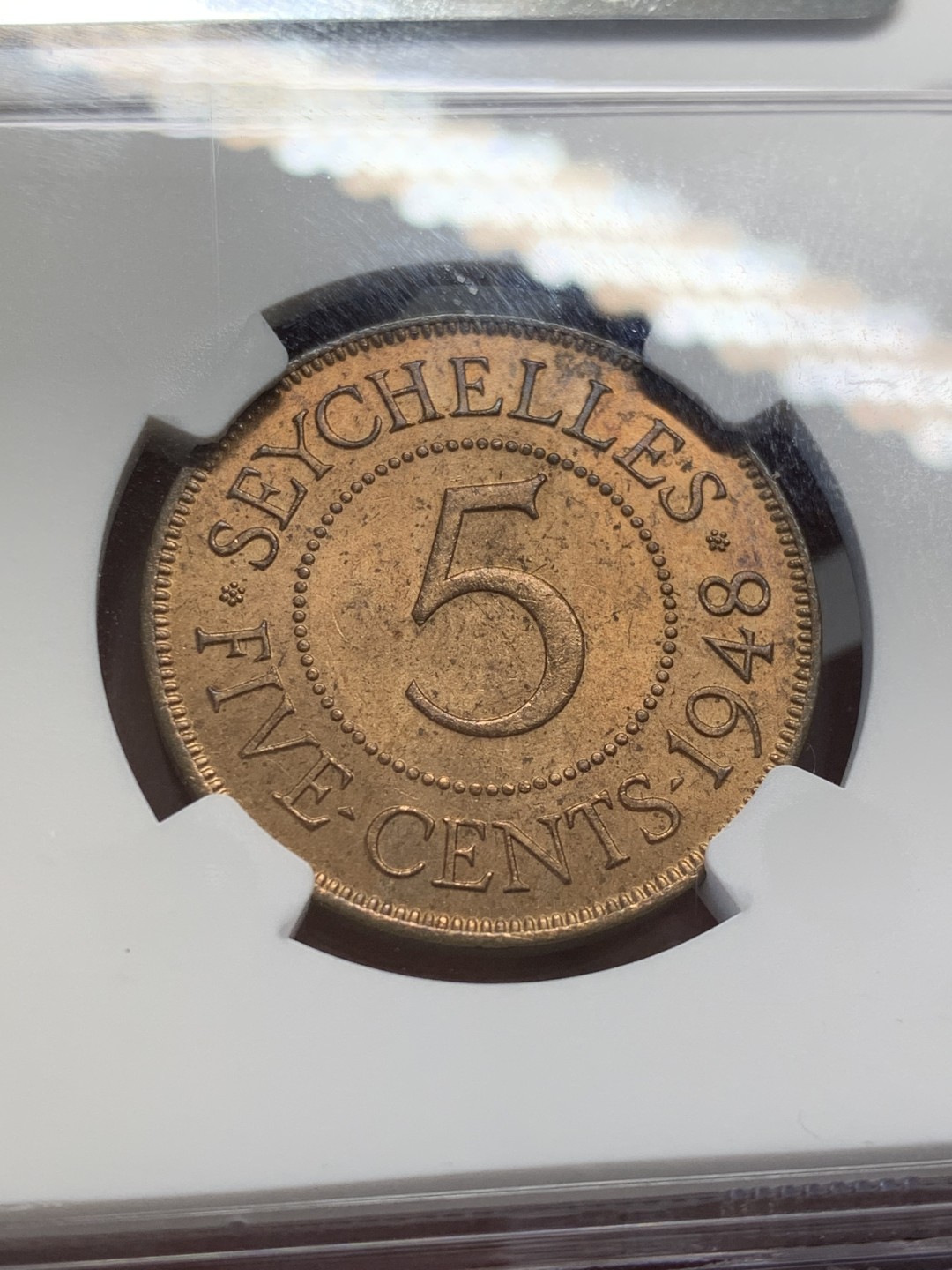 《竞宝斋》第141场-周日，周一 2场 (全场包邮) NGC MS64RB 塞舌尔1948年乔治六世5分铜币