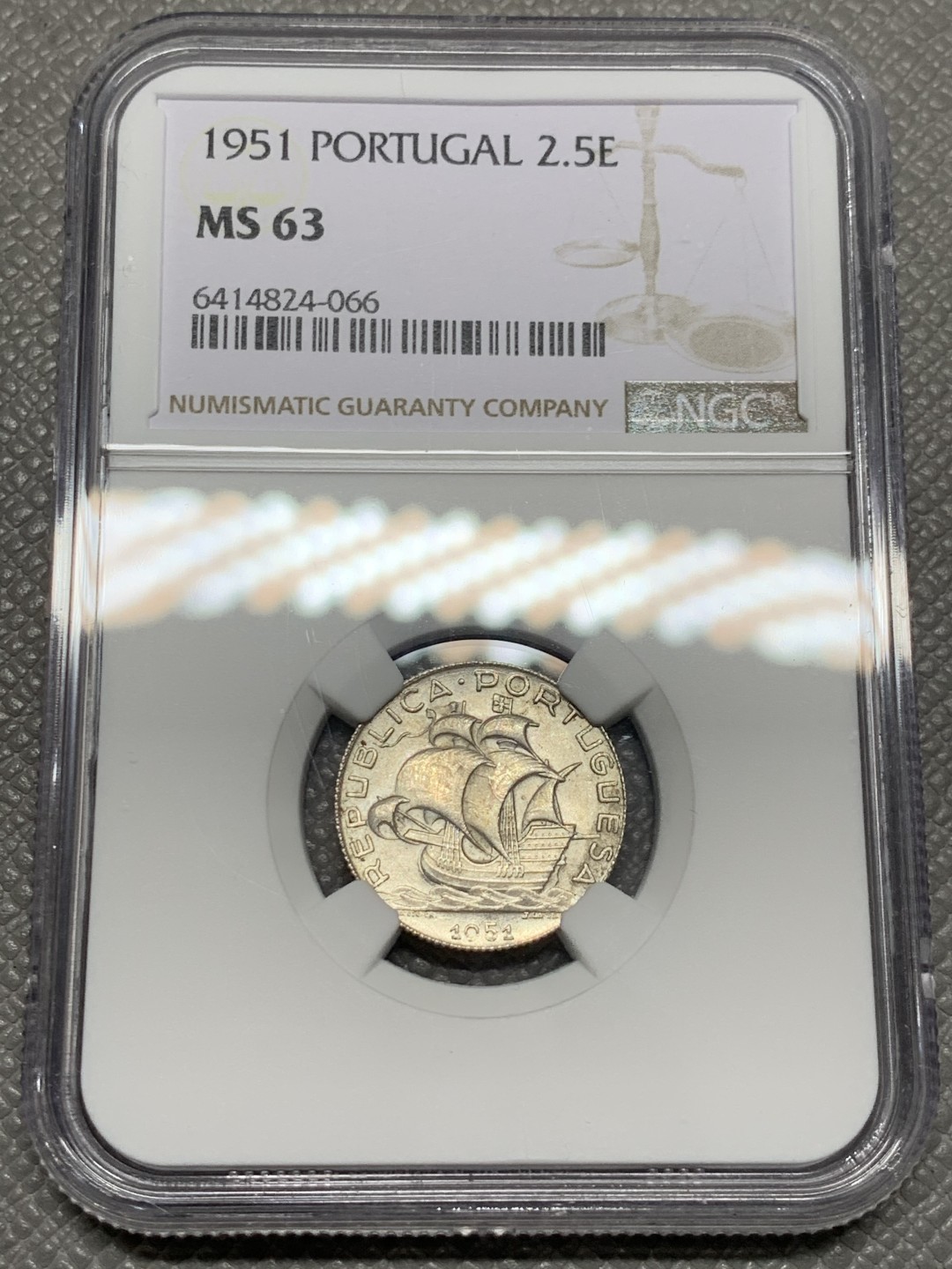《竞宝斋》第141场-周日，周一 2场 (全场包邮) NGC-MS63 葡萄牙1951年 2.5埃斯库多大帆船银币 顶级品相