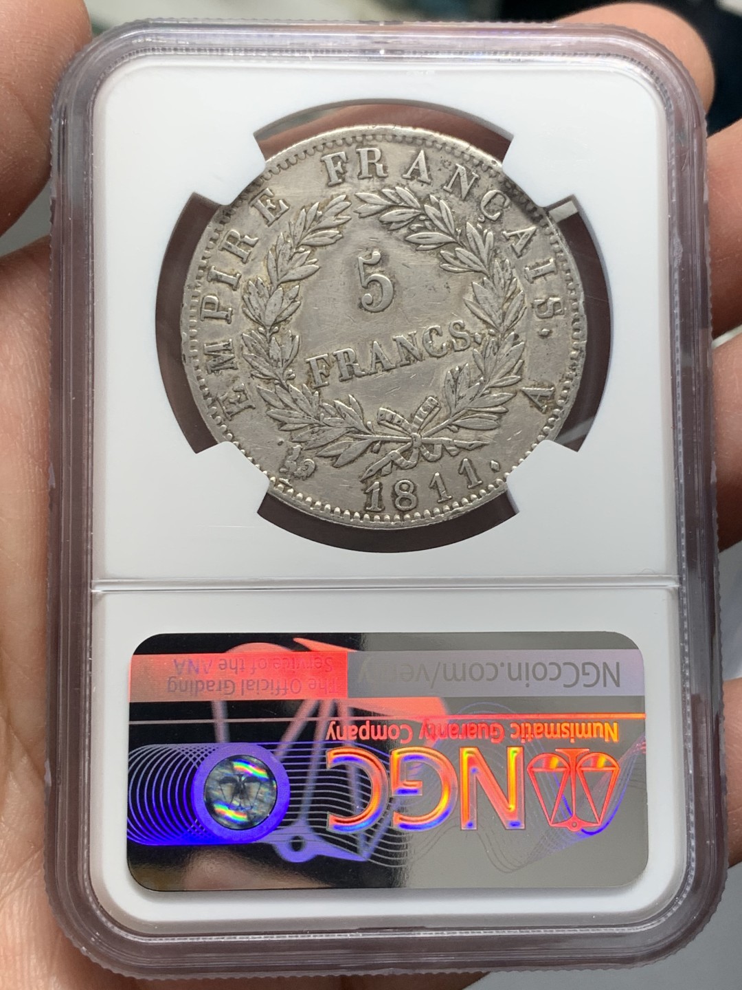 《竞宝斋》第141场-周日，周一 2场 (全场包邮) NGC XF 1811年A法国巴黎厂拿破仑一世5法郎银币 热门品种 品相可以 清洗但磨损不大