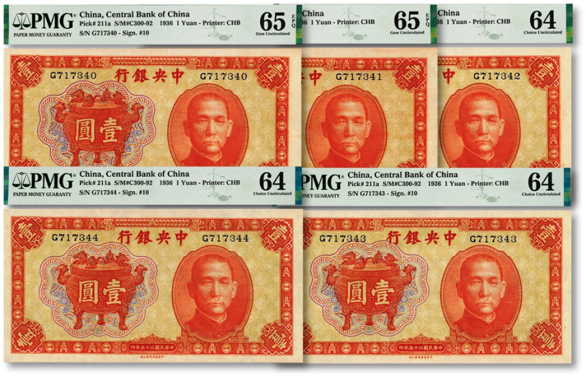 泓盛2023年春季拍卖会金银流霞-中国钱币专场·纸币 古币场完结后开始 民国二十五年（1936年）中央银行中华版宝鼎图壹圆共5枚连号，纹路清晰，色彩浓郁纯正，全新（其中3枚低评）