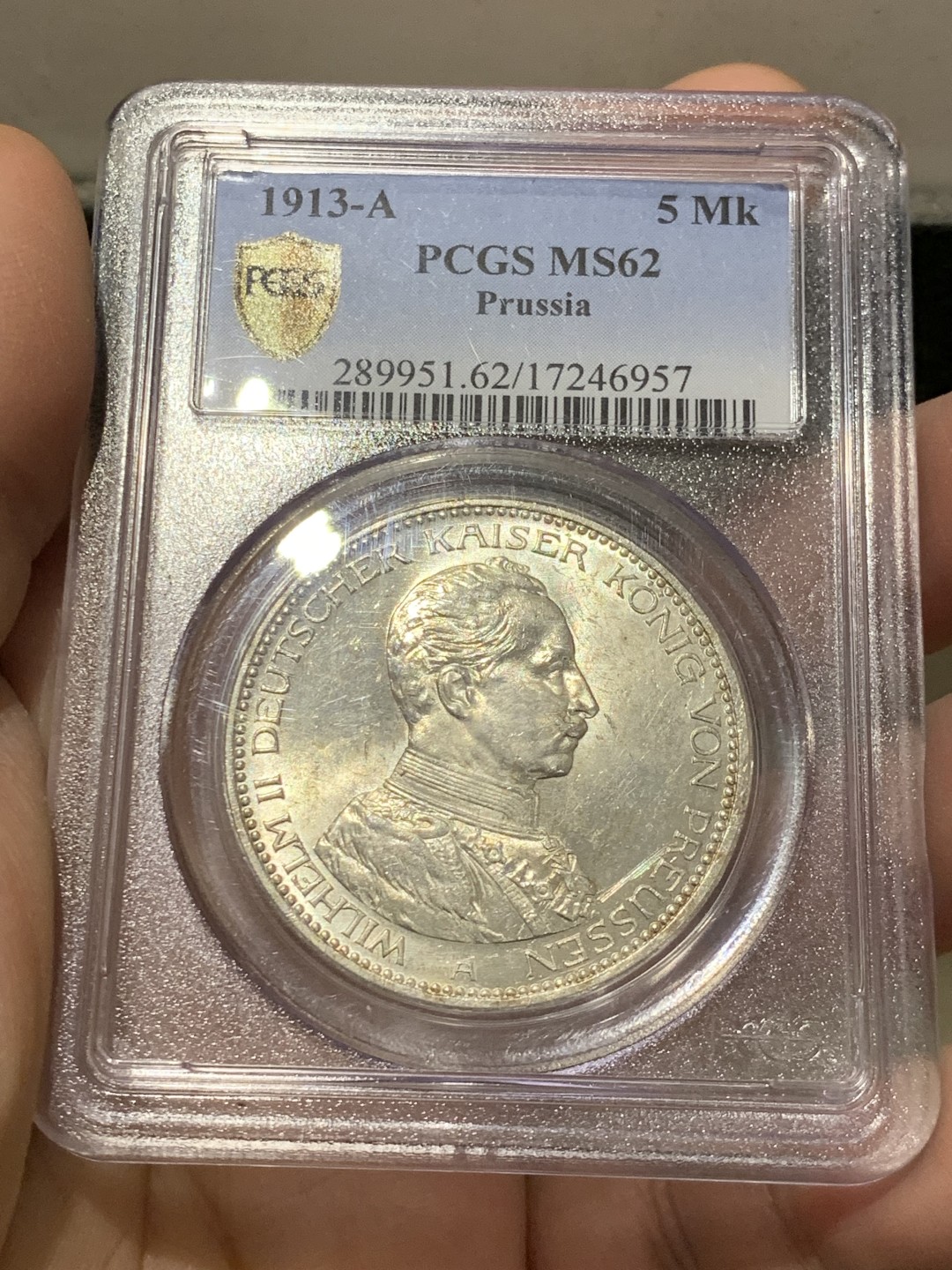 《竞宝斋》第141场-周日，周一 2场 (全场包邮) PCGS-MS62 德国 1913年 5马克 银币 普鲁士 威廉二世军装版大银币 原光好品