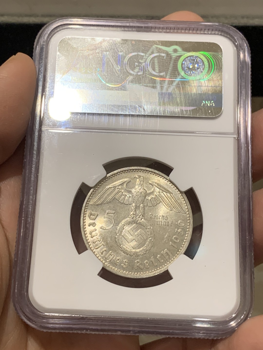 《竞宝斋》第141场-周日，周一 2场 (全场包邮) NGC MS64 德国 1936 兴登堡 5马克 银币 高等级分数 状态一流