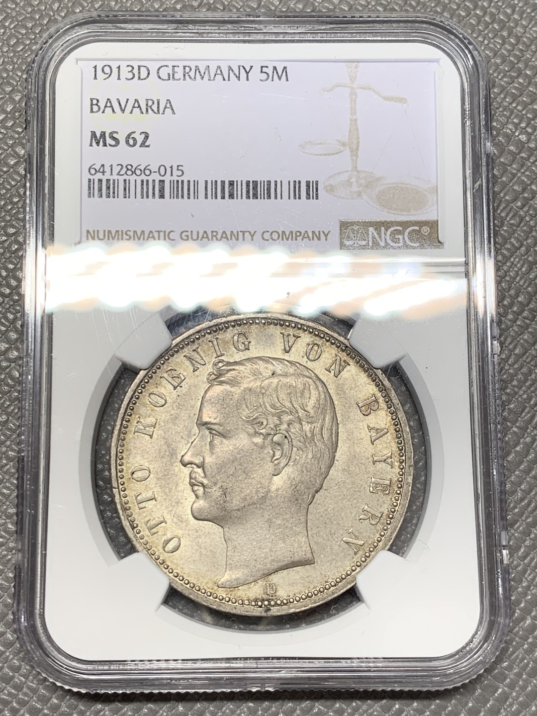 《竞宝斋》第141场-周日，周一 2场 (全场包邮) NGC MS-62 德国巴伐利亚 1913年 奥托流通版5马克 少见好品 严评