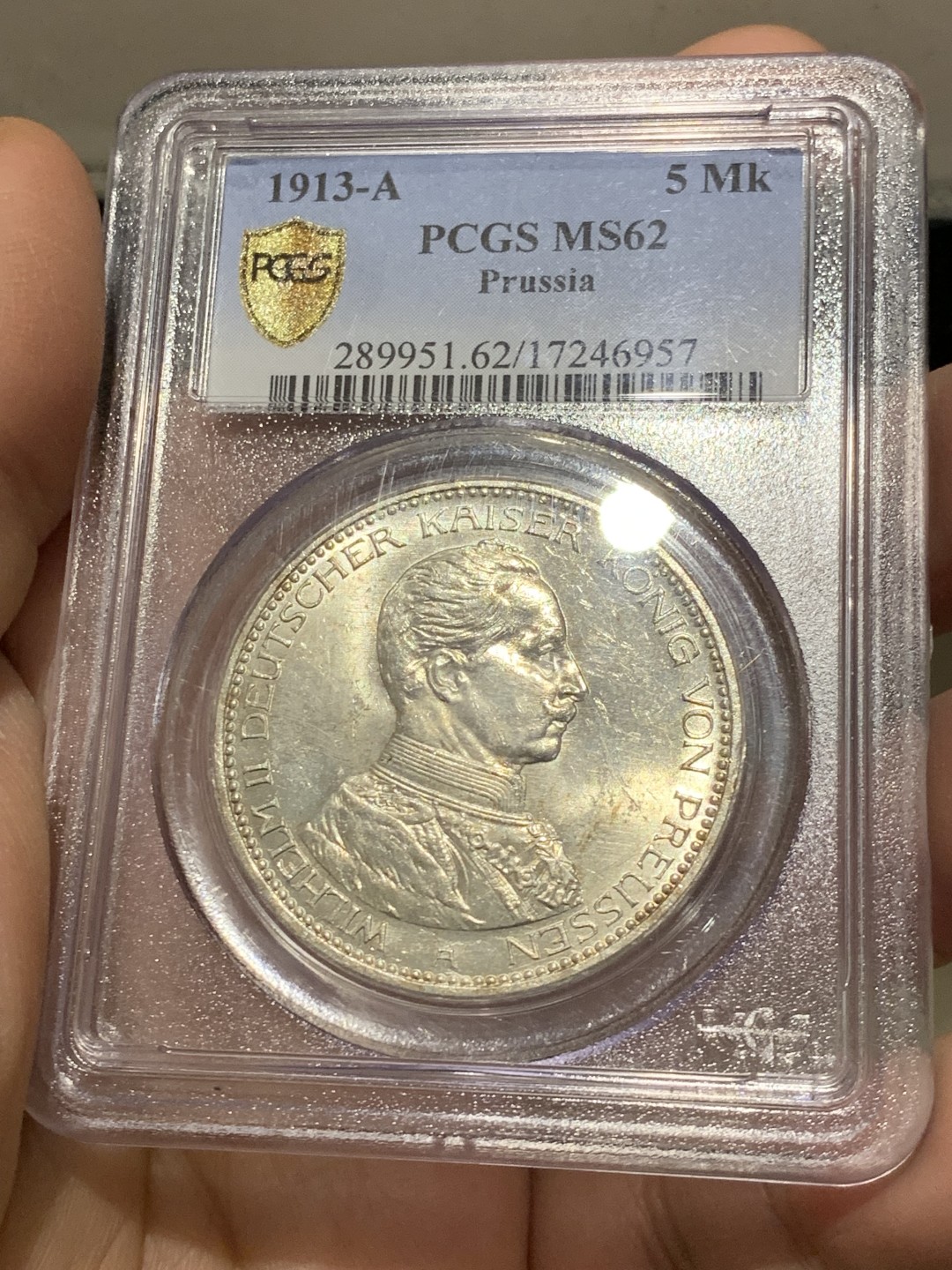 《竞宝斋》第141场-周日，周一 2场 (全场包邮) PCGS-MS62 德国 1913年 5马克 银币 普鲁士 威廉二世军装版大银币 原光好品