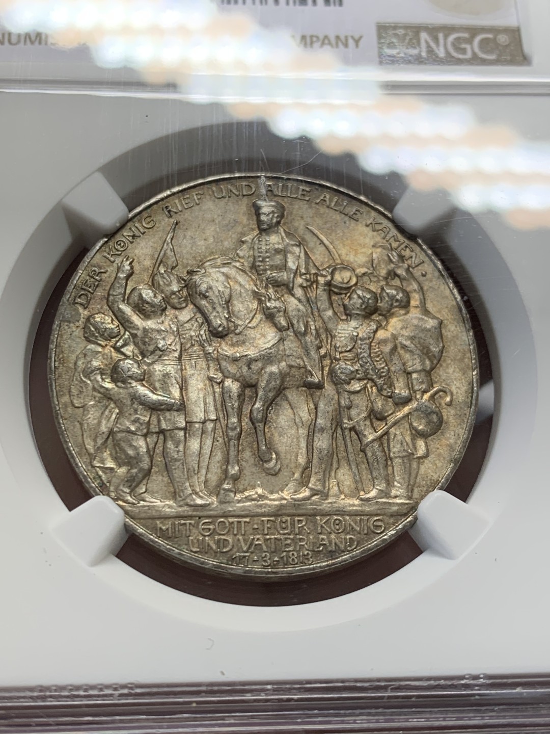 《竞宝斋》第141场-周日，周一 2场 (全场包邮) NGC-MS63 德国普鲁士1913年击败拿破仑纪念3马克银币