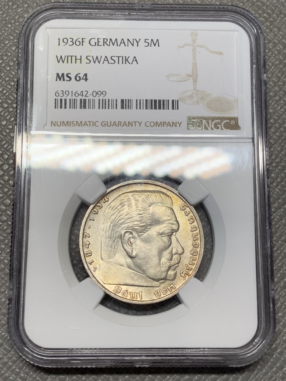 《竞宝斋》第141场-周日，周一 2场 (全场包邮) NGC MS64 德国 1936 兴登堡 5马克 银币 高等级分数 状态一流