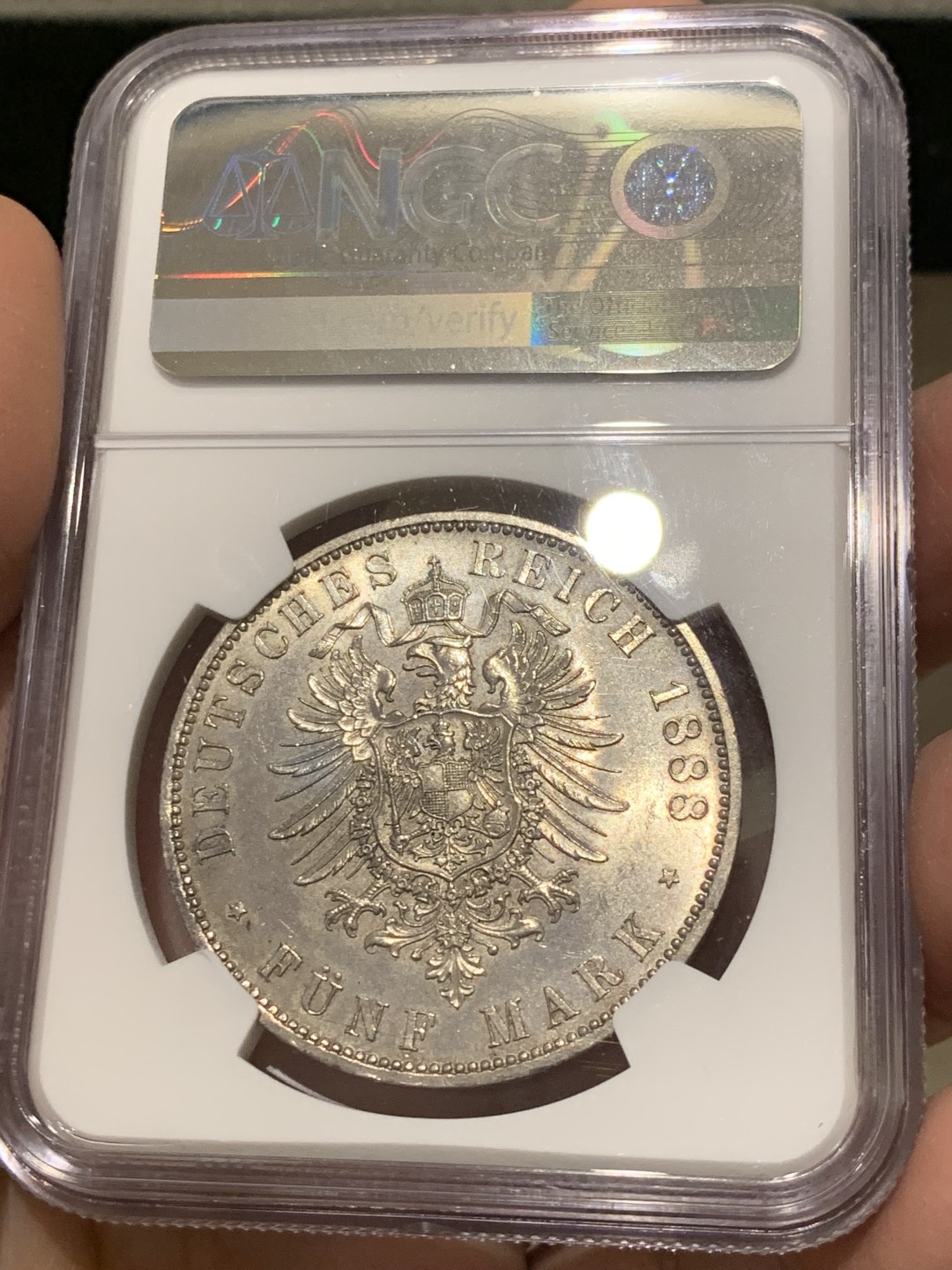 《竞宝斋》第141场-周日，周一 2场 (全场包邮) NGC MS62 德国普鲁士1888年5马克银币，百日皇帝弗里德里希三世，三皇年名誉品，人物雕像栩栩如生