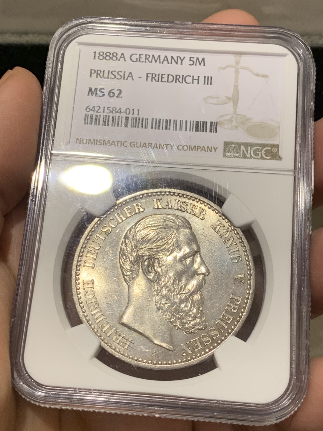 《竞宝斋》第141场-周日，周一 2场 (全场包邮) NGC MS62 德国普鲁士1888年5马克银币，百日皇帝弗里德里希三世，三皇年名誉品，人物雕像栩栩如生