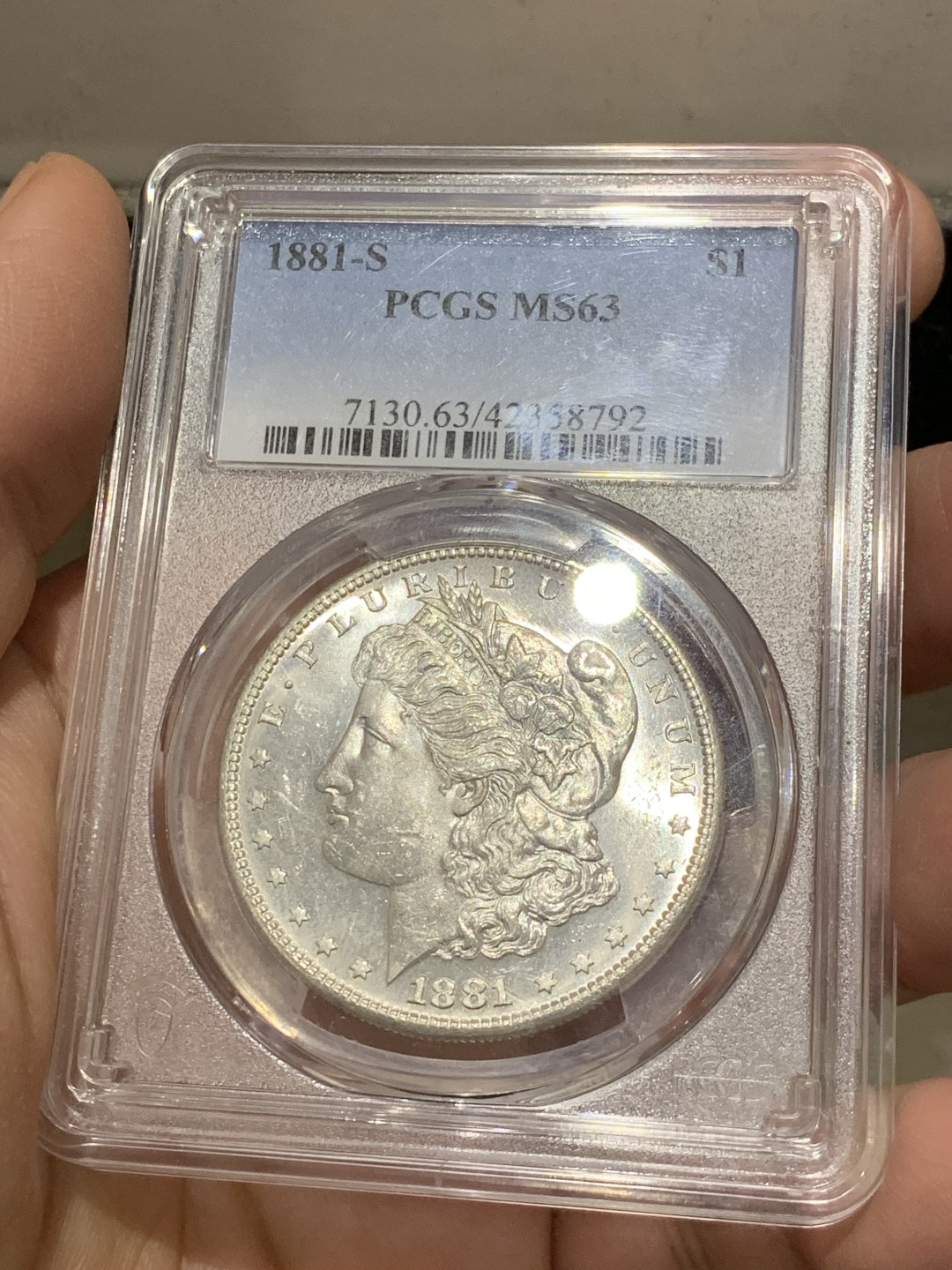 《竞宝斋》第141场-周日，周一 2场 (全场包邮) PCGS-MS63 美国 1881年S版 摩根 银币 镜面效果漂亮