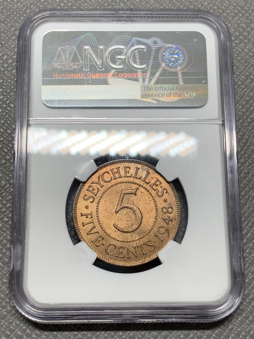 《竞宝斋》第141场-周日，周一 2场 (全场包邮) NGC MS64RB 塞舌尔1948年乔治六世5分铜币