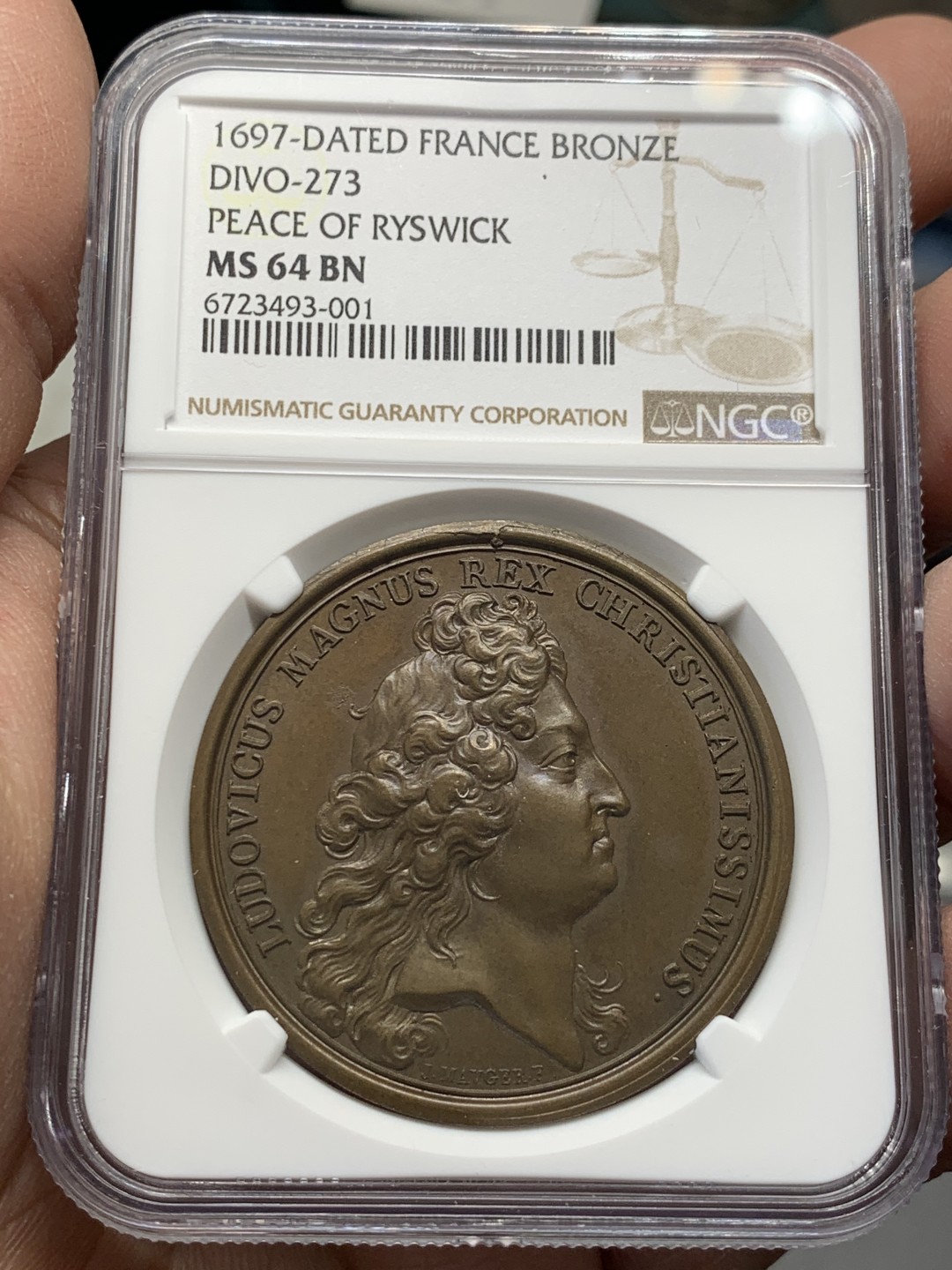 《竞宝斋》第141场-周日，周一 2场 (全场包邮) NGC MS64 法国 1697 雷斯维克 胜利纪念 铜章