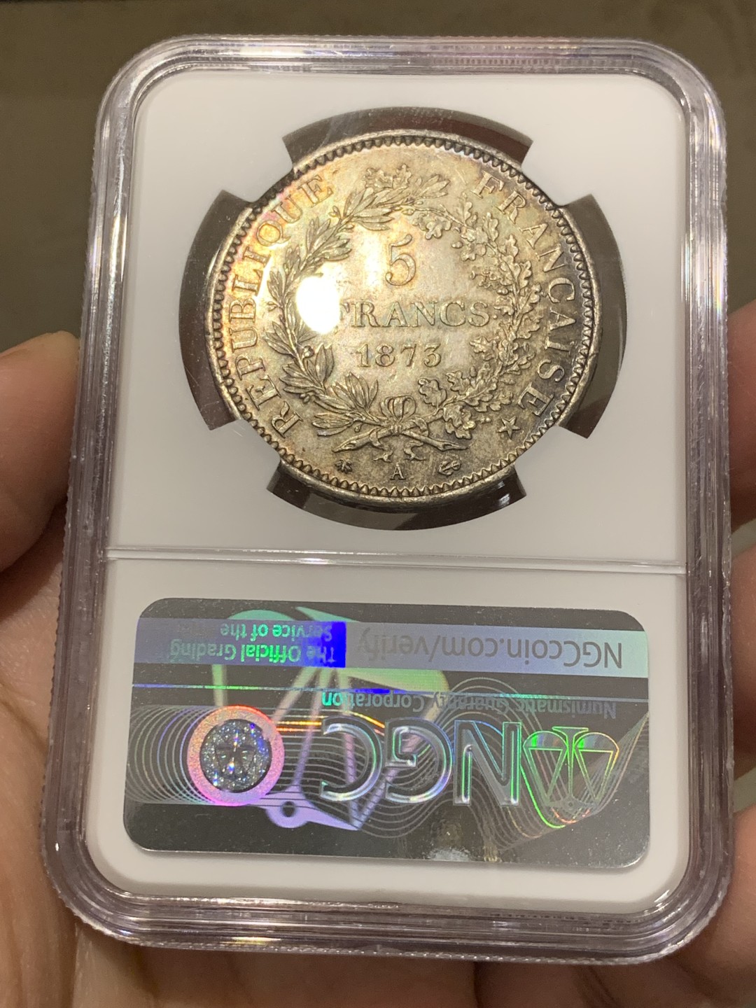 《竞宝斋》第141场-周日，周一 2场 (全场包邮) NGC-MS65 法国 1873A 大力神 5法郎 银币 深彩包浆 状态出色  已经可以媲美 20世纪大力神的状态了