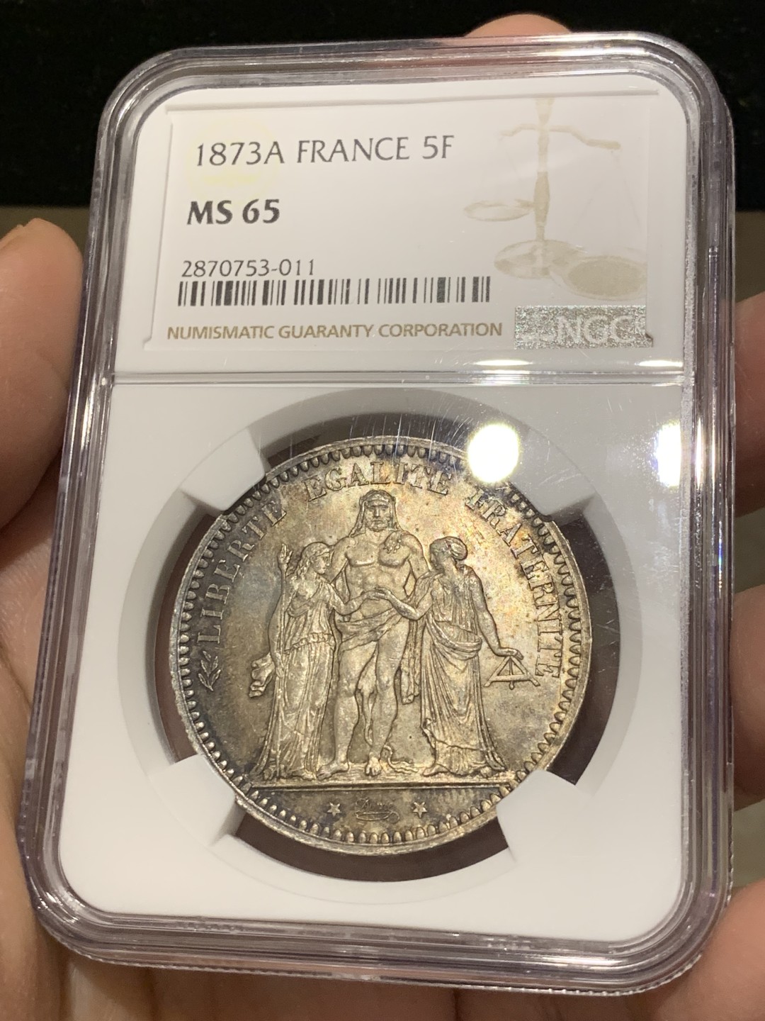 《竞宝斋》第141场-周日，周一 2场 (全场包邮) NGC-MS65 法国 1873A 大力神 5法郎 银币 深彩包浆 状态出色  已经可以媲美 20世纪大力神的状态了