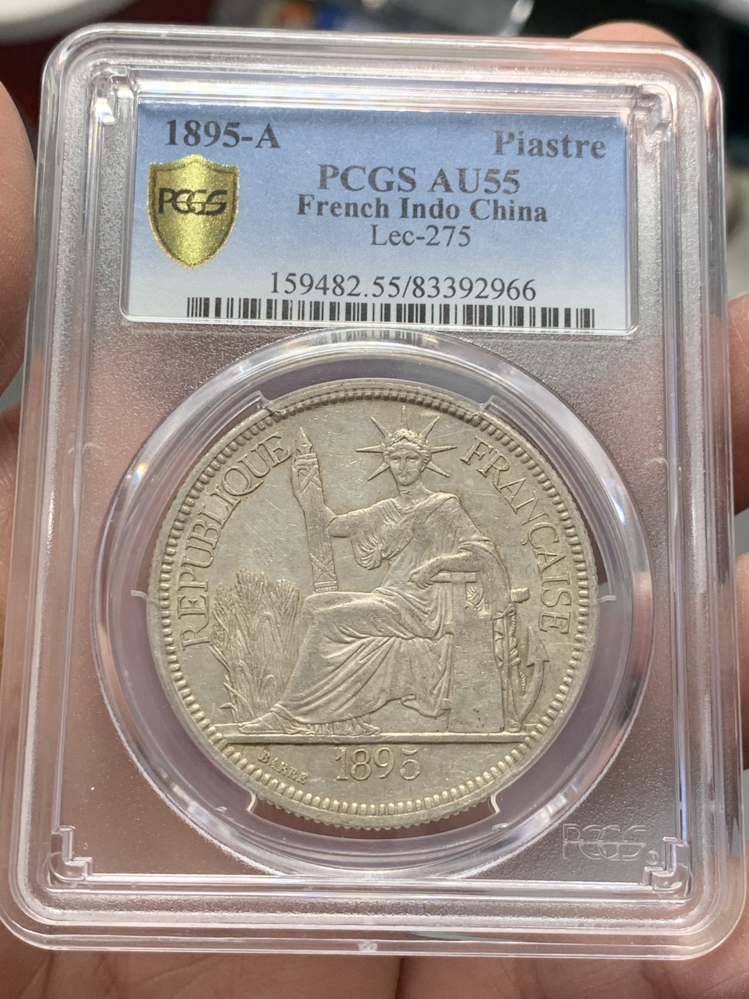 《竞宝斋》第141场-周日，周一 2场 (全场包邮) PCGS AU55 法属印支 1895年 加重版 坐人 银币 整体细节很不错  上AU的加重 不容易