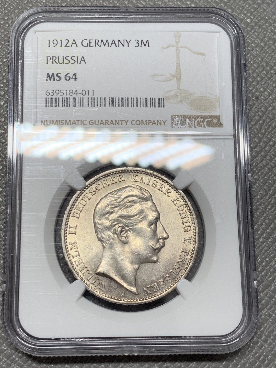 《竞宝斋》第141场-周日，周一 2场 (全场包邮) NGC-MS64 德国 1912年 3马克 银币 普鲁士流通版威廉二世大头3马克银币 淡金色包浆 顶级状态高分越来越少见