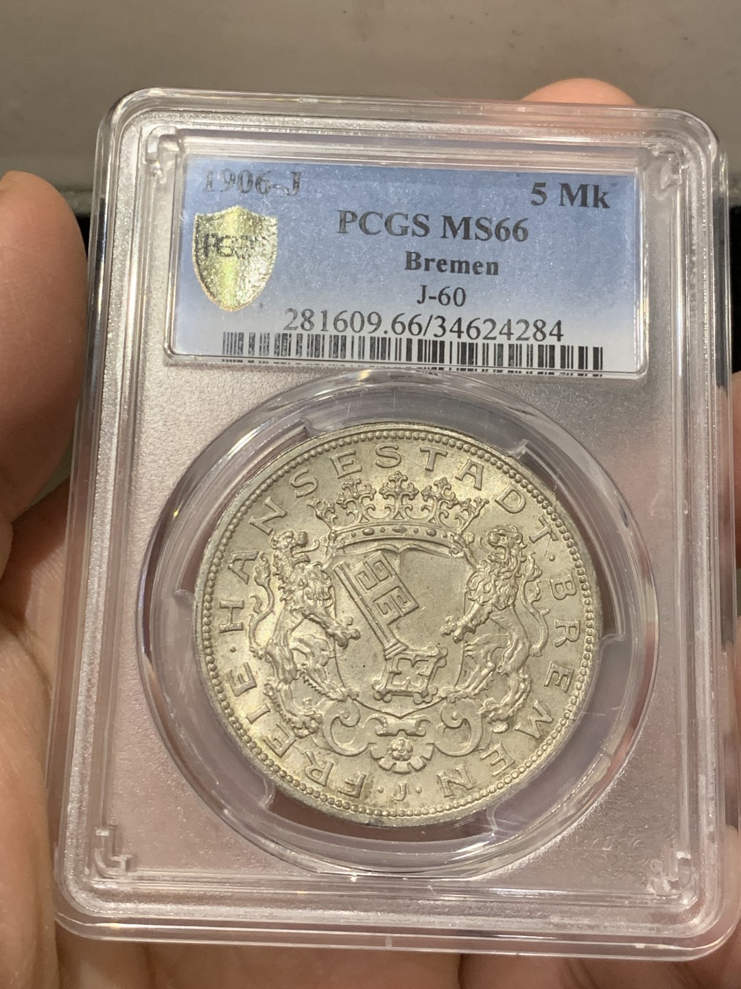 《竞宝斋》第141场-周日，周一 2场 (全场包邮) PCGS-MS66，德国1906年不莱梅5马克银币，图徽饱满，细节绝佳，收藏佳品 顶配分数