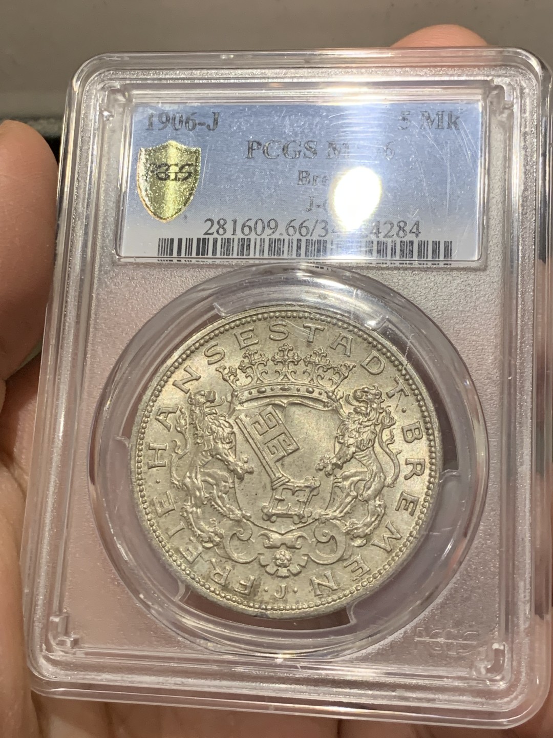 《竞宝斋》第141场-周日，周一 2场 (全场包邮) PCGS-MS66，德国1906年不莱梅5马克银币，图徽饱满，细节绝佳，收藏佳品 顶配分数