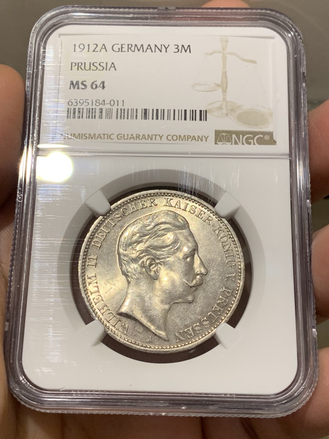 《竞宝斋》第141场-周日，周一 2场 (全场包邮) NGC-MS64 德国 1912年 3马克 银币 普鲁士流通版威廉二世大头3马克银币 淡金色包浆 顶级状态高分越来越少见