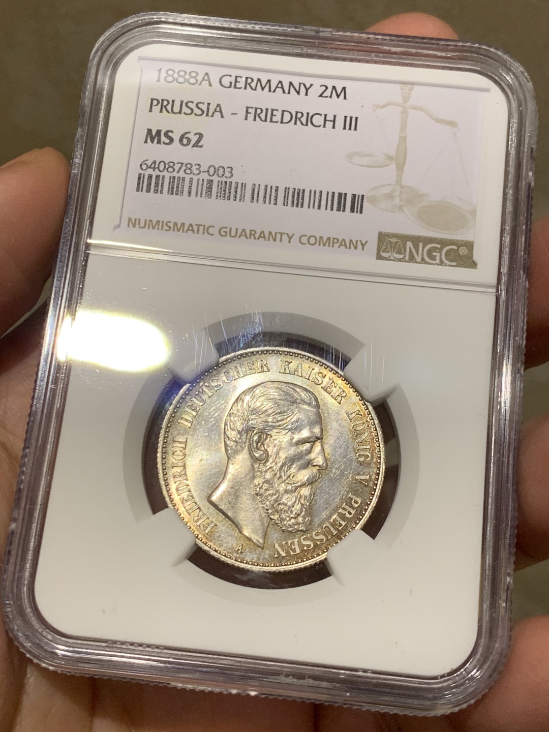 《竞宝斋》第141场-周日，周一 2场 (全场包邮) NGC MS62 德国普鲁士1888年 三皇之年2马克银币 大热品种