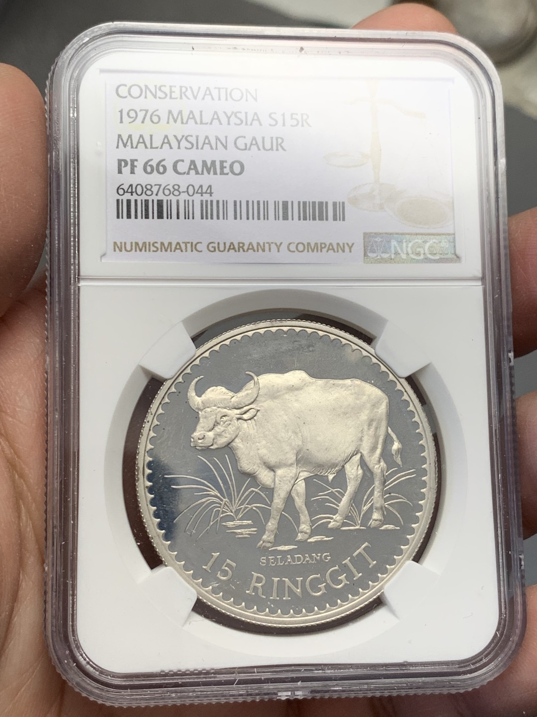 《竞宝斋》第141场-周日，周一 2场 (全场包邮) NGC-PF66 马来西亚 1976年 保护自然系列 水牛 15R 精制大银币