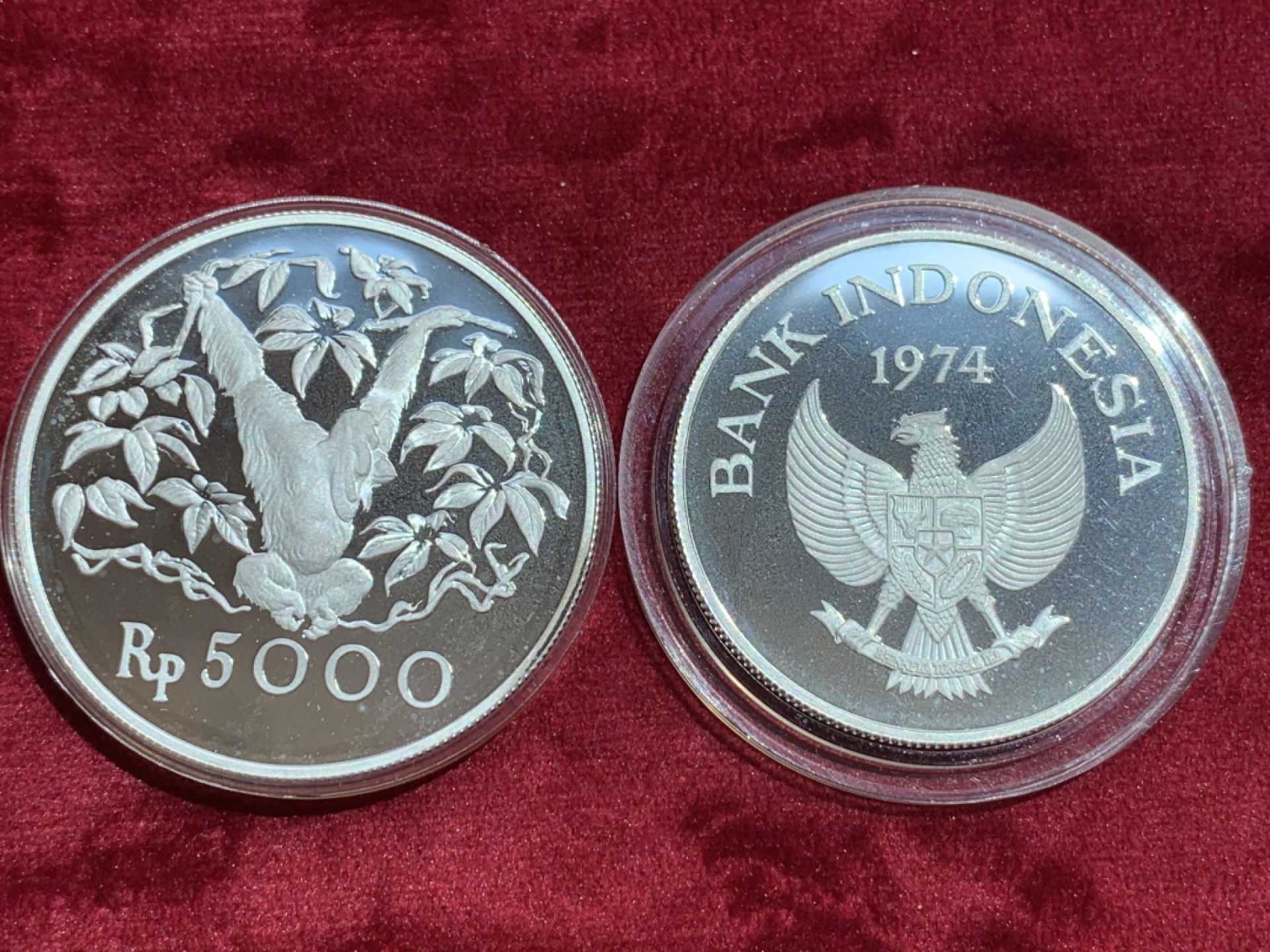 《竞宝斋》第141场-周日，周一 2场 (全场包邮) 2枚一起 印度尼西亚1974年2000- 5000卢比精制动物 大银币一对，发行量稀少
