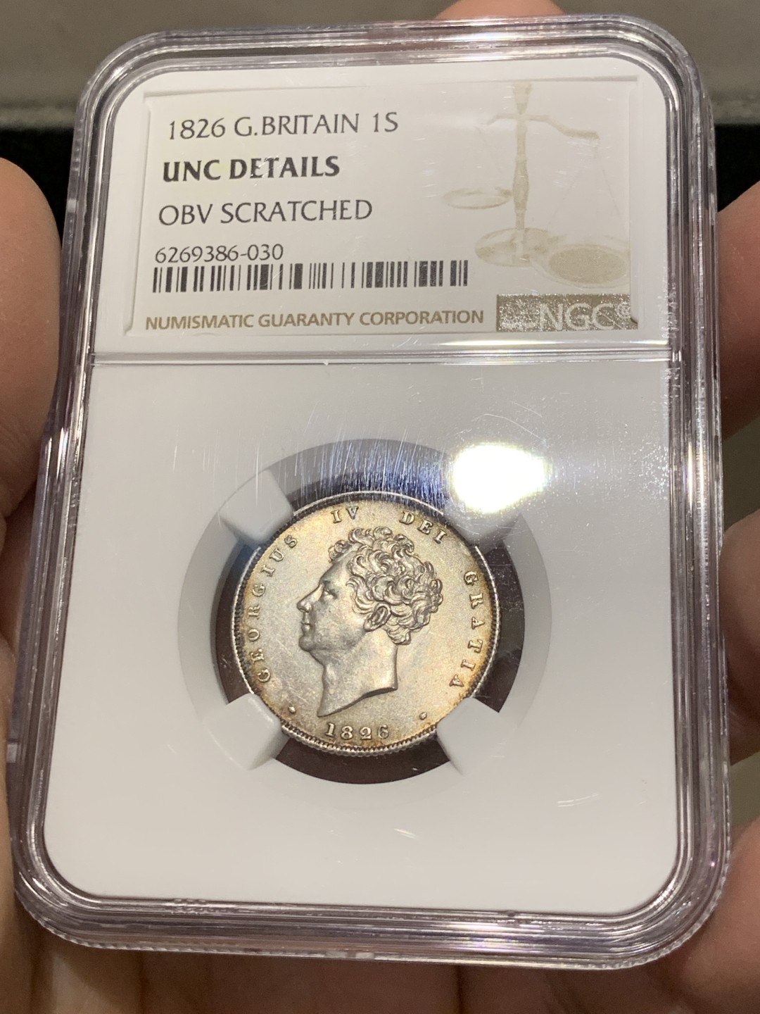 《竞宝斋》第141场-周日，周一 2场 (全场包邮) NGC UNC 英国 1826年 乔治四世先令银币 未见明显缺陷 品相细节很好