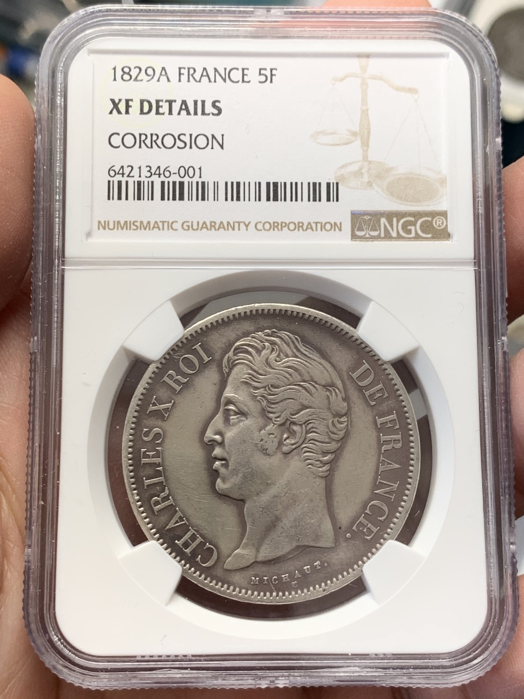 《竞宝斋》第141场-周日，周一 2场 (全场包邮) NGC XF 法国1829年A巴黎厂查理十世5法郎银币 状态可以，原包浆，热门品种