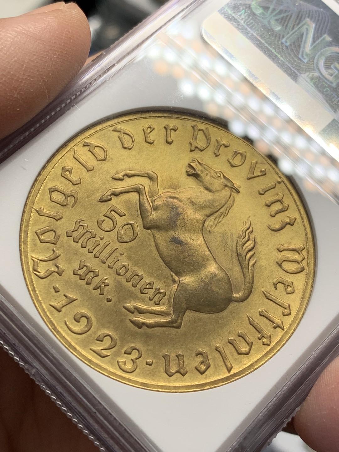 《竞宝斋》第141场-周日，周一 2场 (全场包邮) NGC-MS64 5000万马克！德国威斯特伐利亚1923年5000万马克马币镀金币 厚重压手 金光闪闪