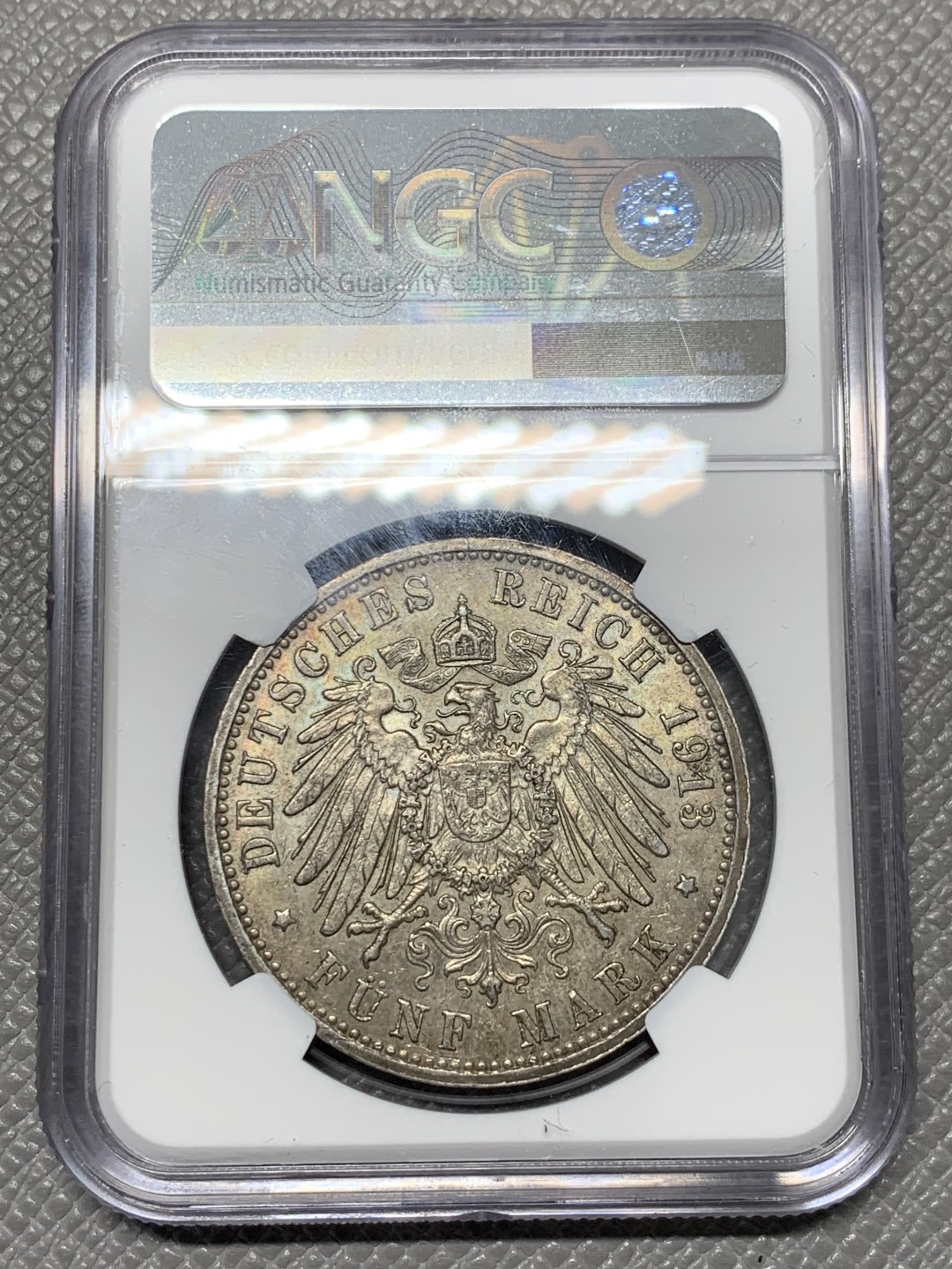 《竞宝斋》第141场-周日，周一 2场 (全场包邮) NGC-AU58 德国汉堡 1908年 双狮盾牌5马克大银币 细节一流 个人看就是低评了