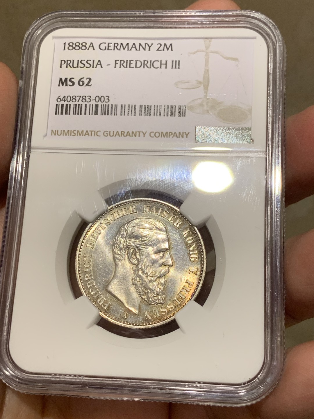 《竞宝斋》第141场-周日，周一 2场 (全场包邮) NGC MS62 德国普鲁士1888年 三皇之年2马克银币 大热品种