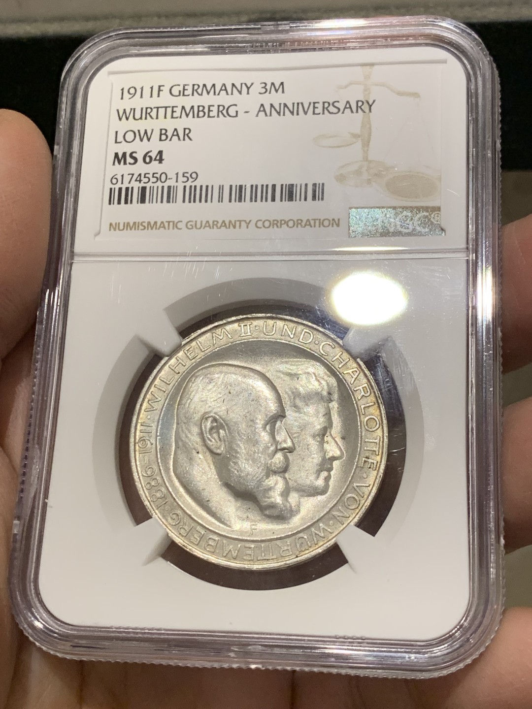 《竞宝斋》第141场-周日，周一 2场 (全场包邮) NGC-MS64 德国 1911年 3马克 银币 符腾堡 金婚纪念银币 光泽迷人 高分难得 底板细节都完美无瑕