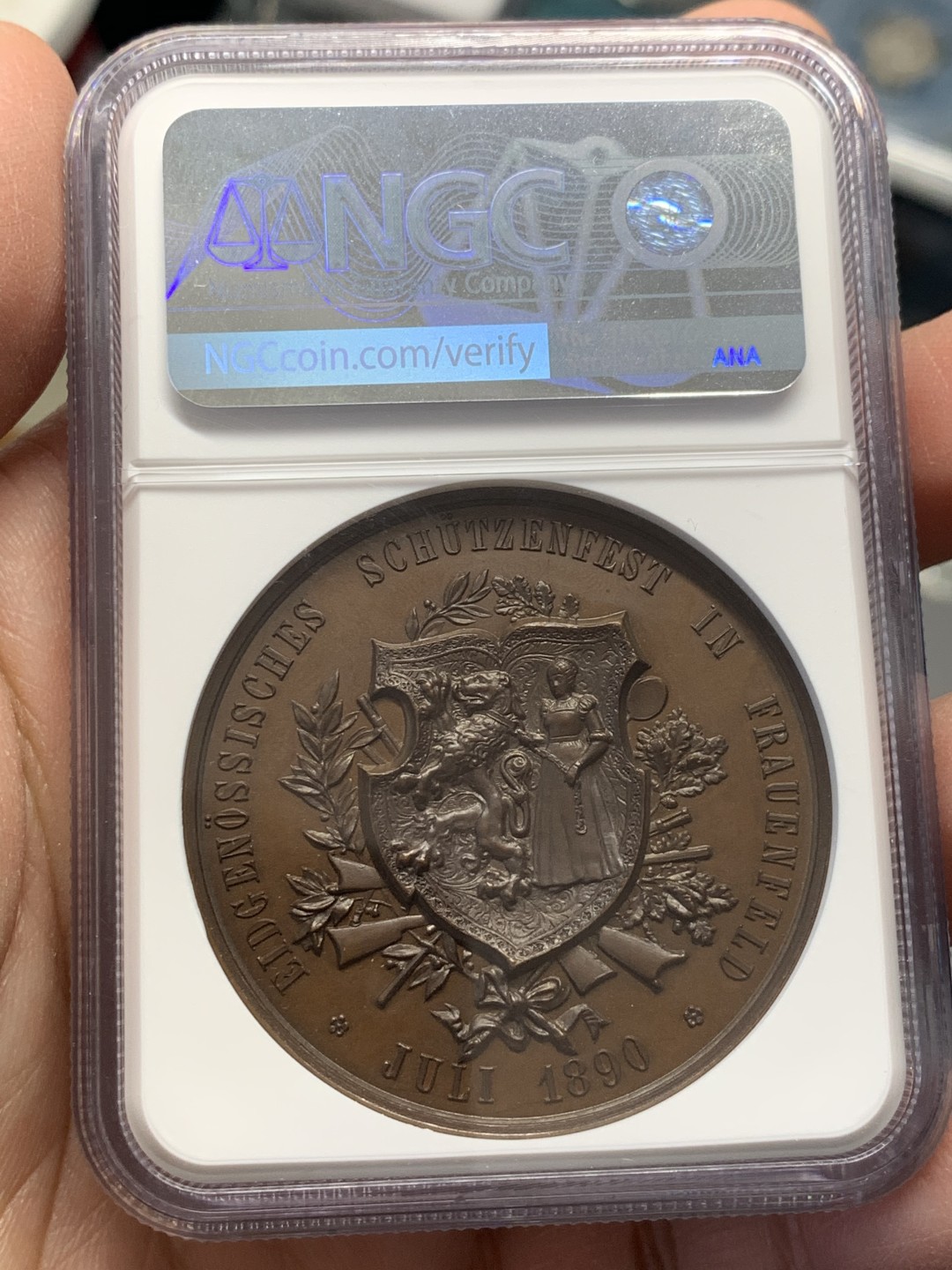 《竞宝斋》第141场-周日，周一 2场 (全场包邮) NGC MS64 1890年瑞士弗劳恩菲尔德射击节铜章 美女与野兽 双面超高浮雕 顶级品相状态