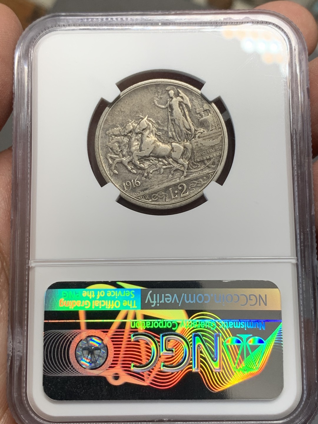 《竞宝斋》第141场-周日，周一 2场 (全场包邮) NGC-VF25 1916意大利伊曼纽尔三世2里拉 马车银币