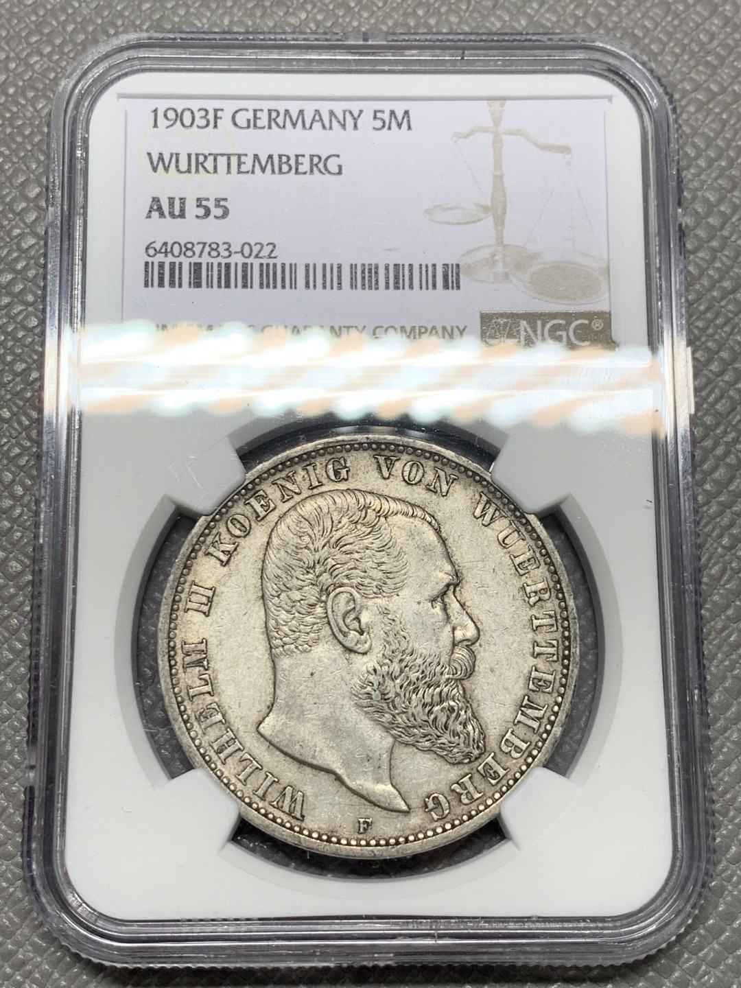 《竞宝斋》第141场-周日，周一 2场 (全场包邮) NGC-AU53 德国符腾堡 1903年 威廉二世大胡子 5马克银币 出分难的品种 这样的分也是排进前十的