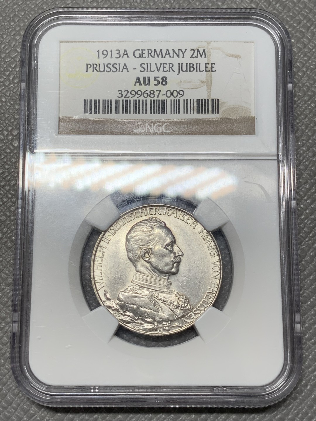 《竞宝斋》第141场-周日，周一 2场 (全场包邮) NGC-AU58 德国 1913年 普鲁士2马克银币 威廉二世军装像