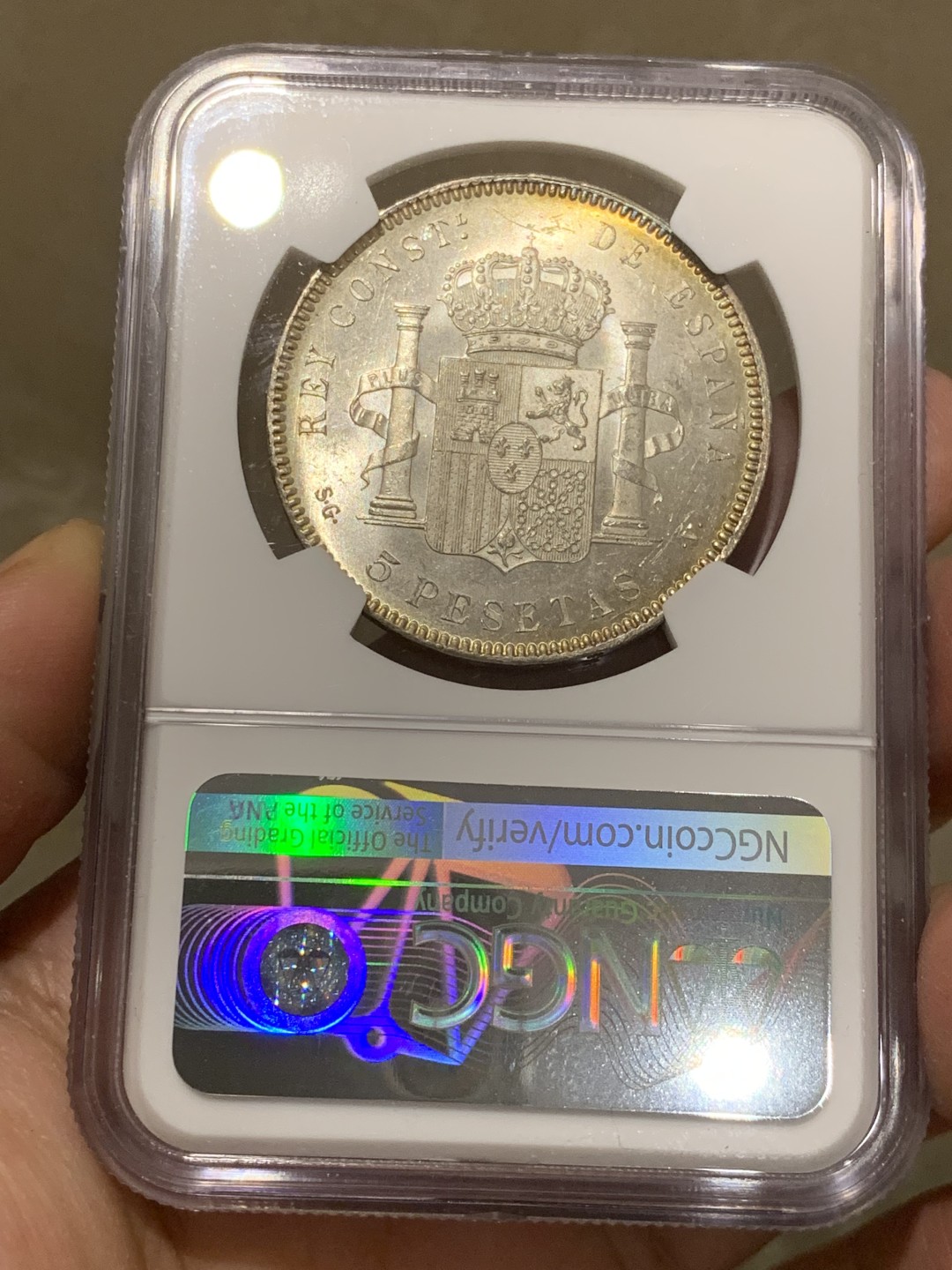 《竞宝斋》第141场-周日，周一 2场 (全场包邮) NGC-MS62 西班牙1899年 阿方索十三世 5比塞塔双柱大银币 顶级炫彩 这样的状态只能偶遇不可强求