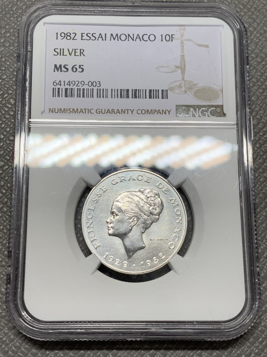 《竞宝斋》第141场-周日，周一 2场 (全场包邮) NGC MS65 摩纳哥王妃1982年10法郎银制样币