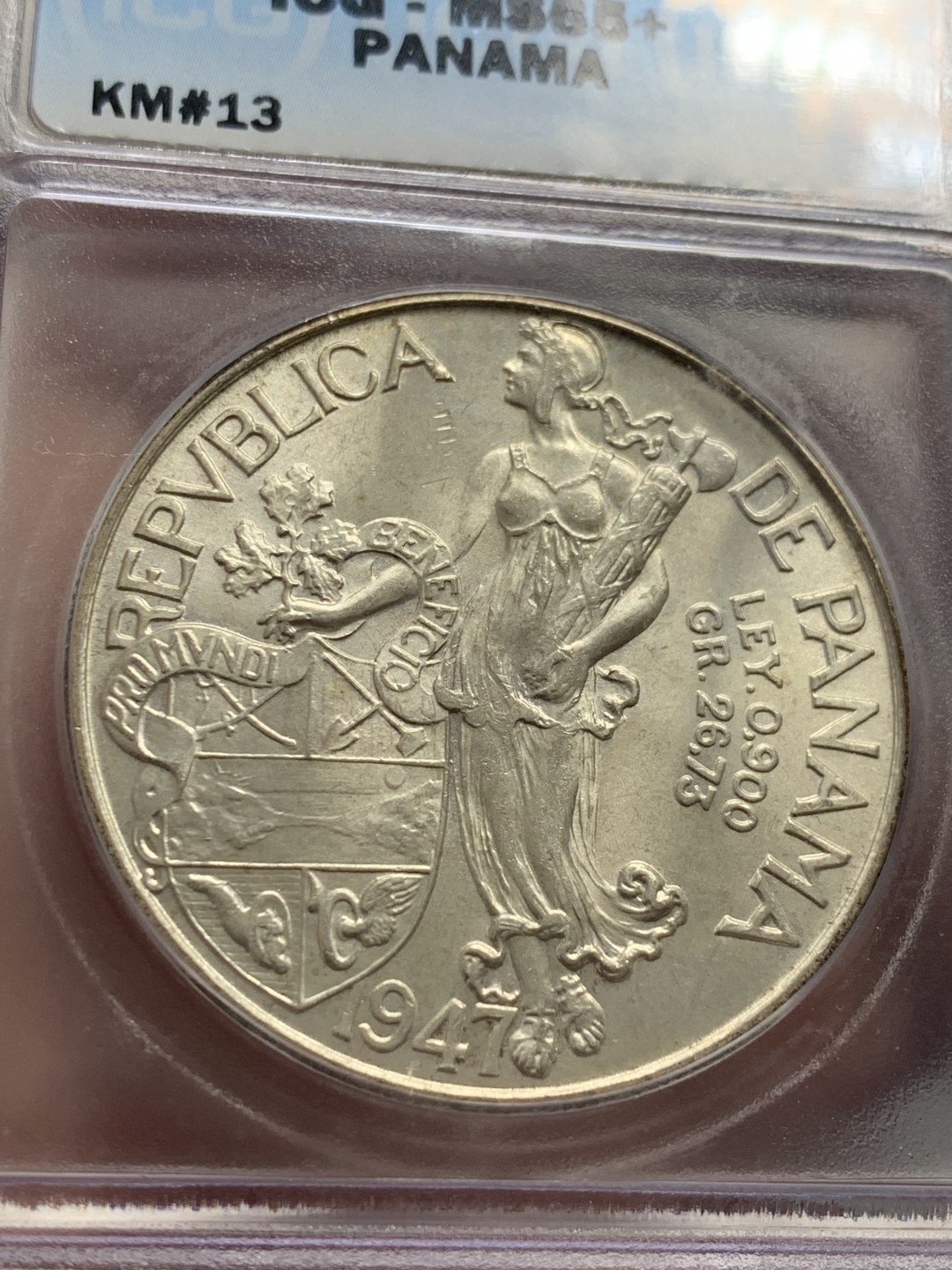 《竞宝斋》第141场-周日，周一 2场 (全场包邮) ICG-MS65+,1947年巴拿马女神大银币，转光好