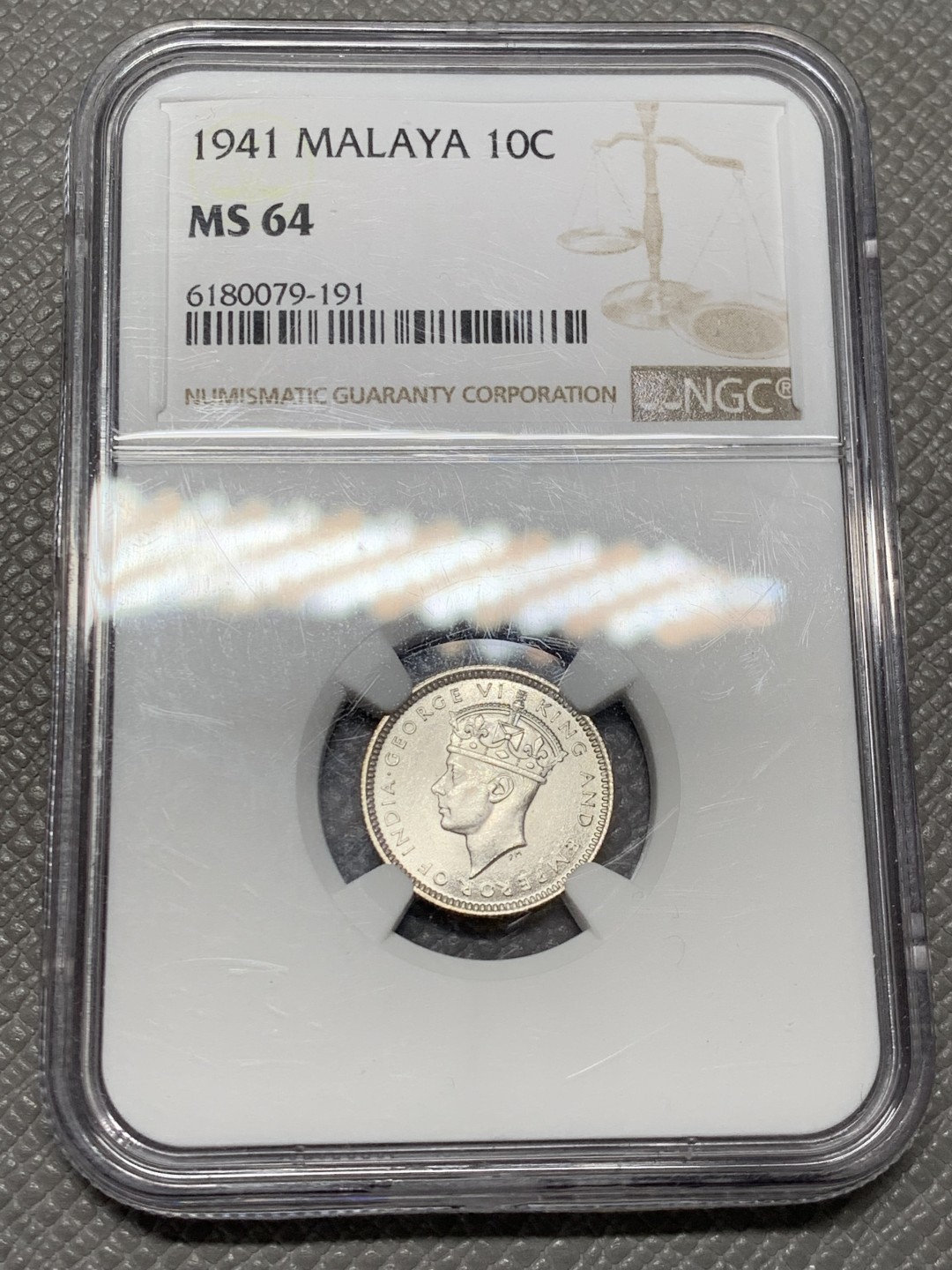 《竞宝斋》第141场-周日，周一 2场 (全场包邮) NGC-MS64 英属马来亚 1941年 10分 乔治六世 银币 原光 难得高分