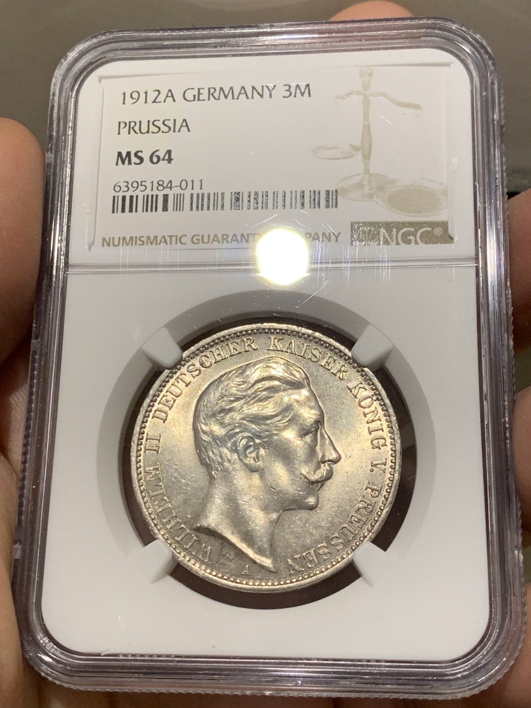 《竞宝斋》第141场-周日，周一 2场 (全场包邮) NGC-MS64 德国 1912年 3马克 银币 普鲁士流通版威廉二世大头3马克银币 淡金色包浆 顶级状态高分越来越少见