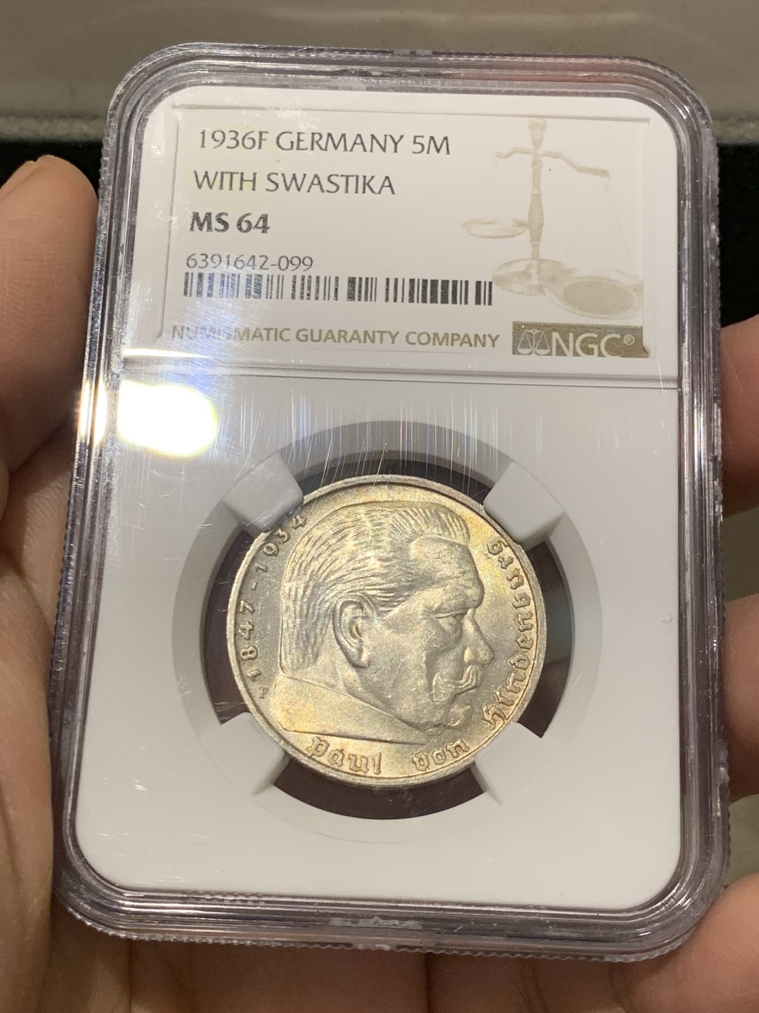 《竞宝斋》第141场-周日，周一 2场 (全场包邮) NGC MS64 德国 1936 兴登堡 5马克 银币 高等级分数 状态一流