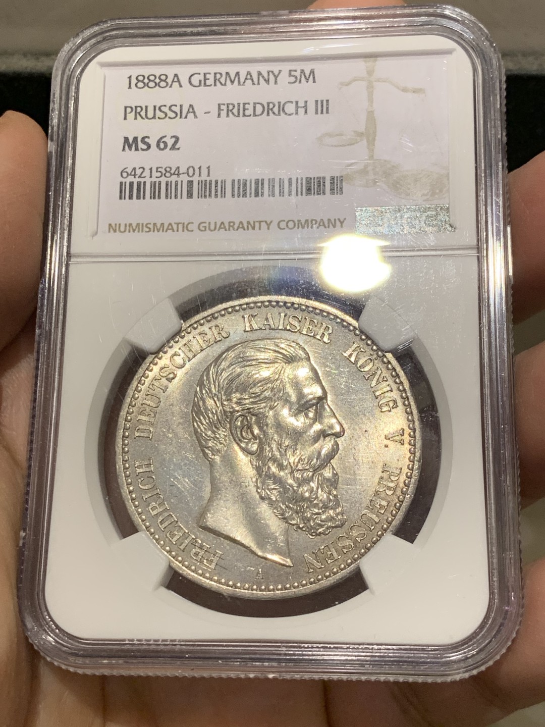 《竞宝斋》第141场-周日，周一 2场 (全场包邮) NGC MS62 德国普鲁士1888年5马克银币，百日皇帝弗里德里希三世，三皇年名誉品，人物雕像栩栩如生
